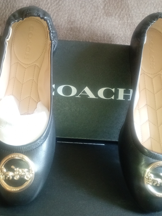 Coach Shoes - COACH Women's Black Leather Ballet Flats with Gold Hardware